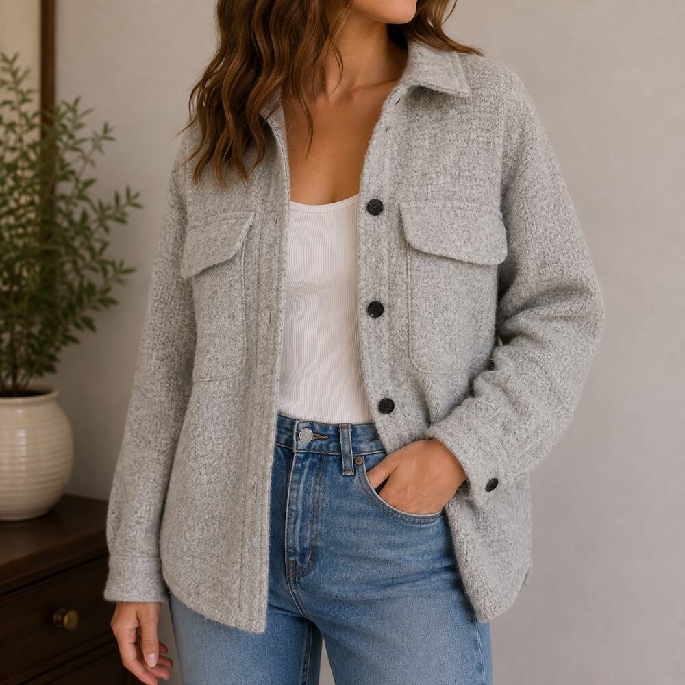 Thread & Supply Womens Brushed Shacket Size M Gray Button Front Collared Neutral